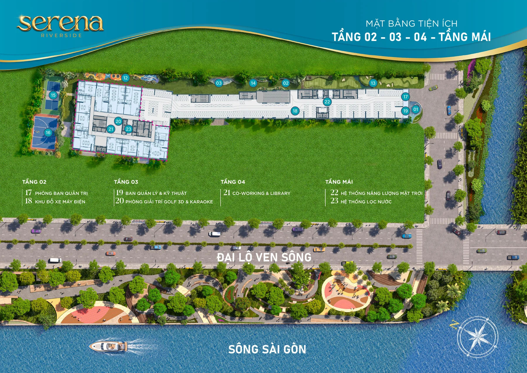 Mặt bằng tiện ích Serena Riverside tầng 02 03 04 và tầng mái