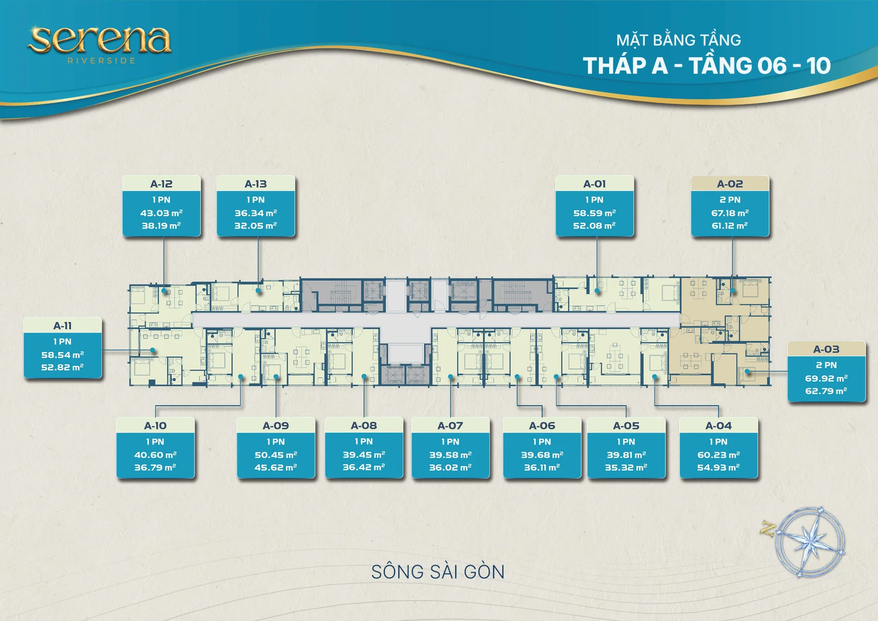 Mặt bằng tầng điển hình Serena Riverside Tháp A - Tầng 06-10