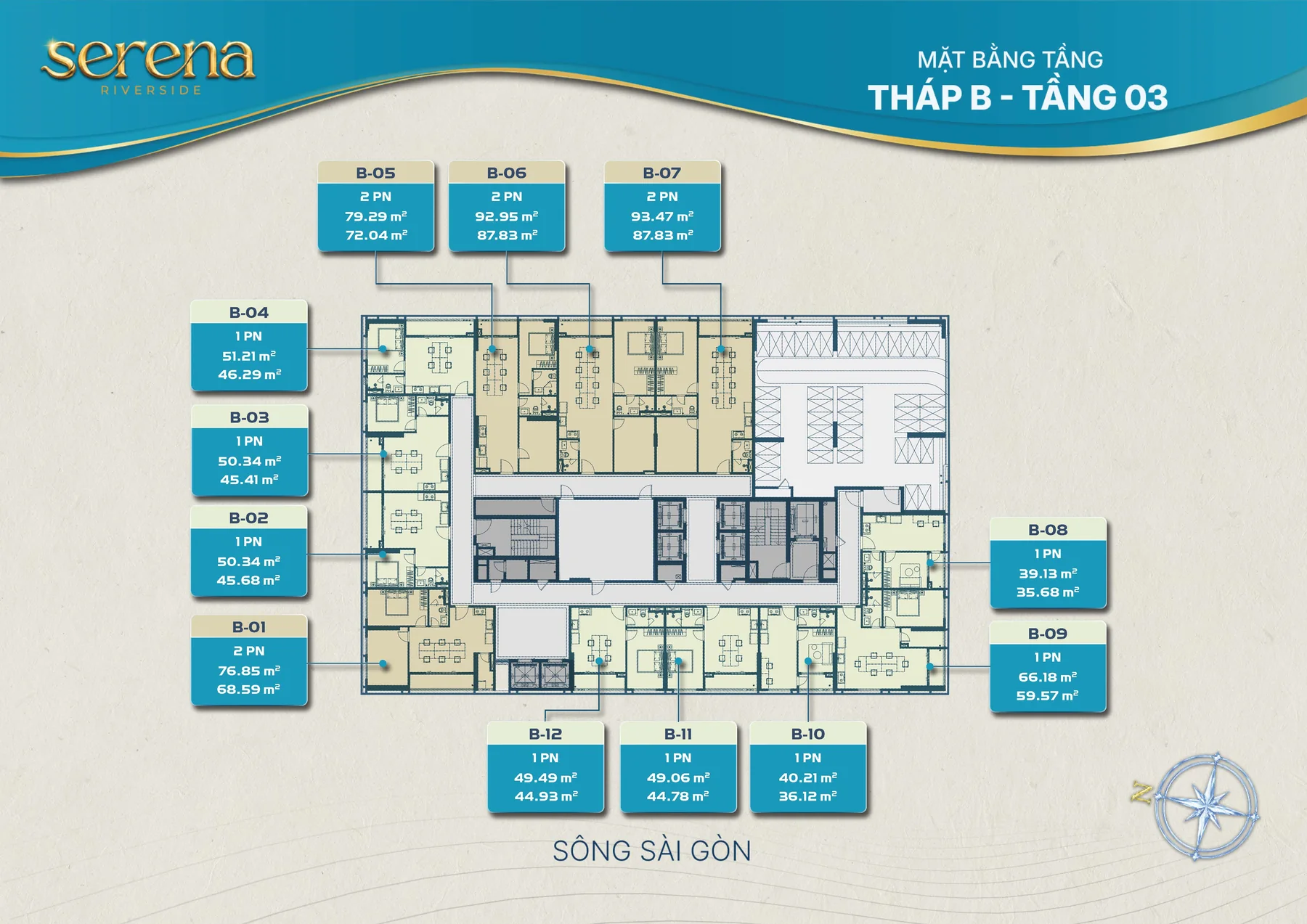 Mặt bằng tầng điển hình Serena Riverside Tháp B - Tầng 03