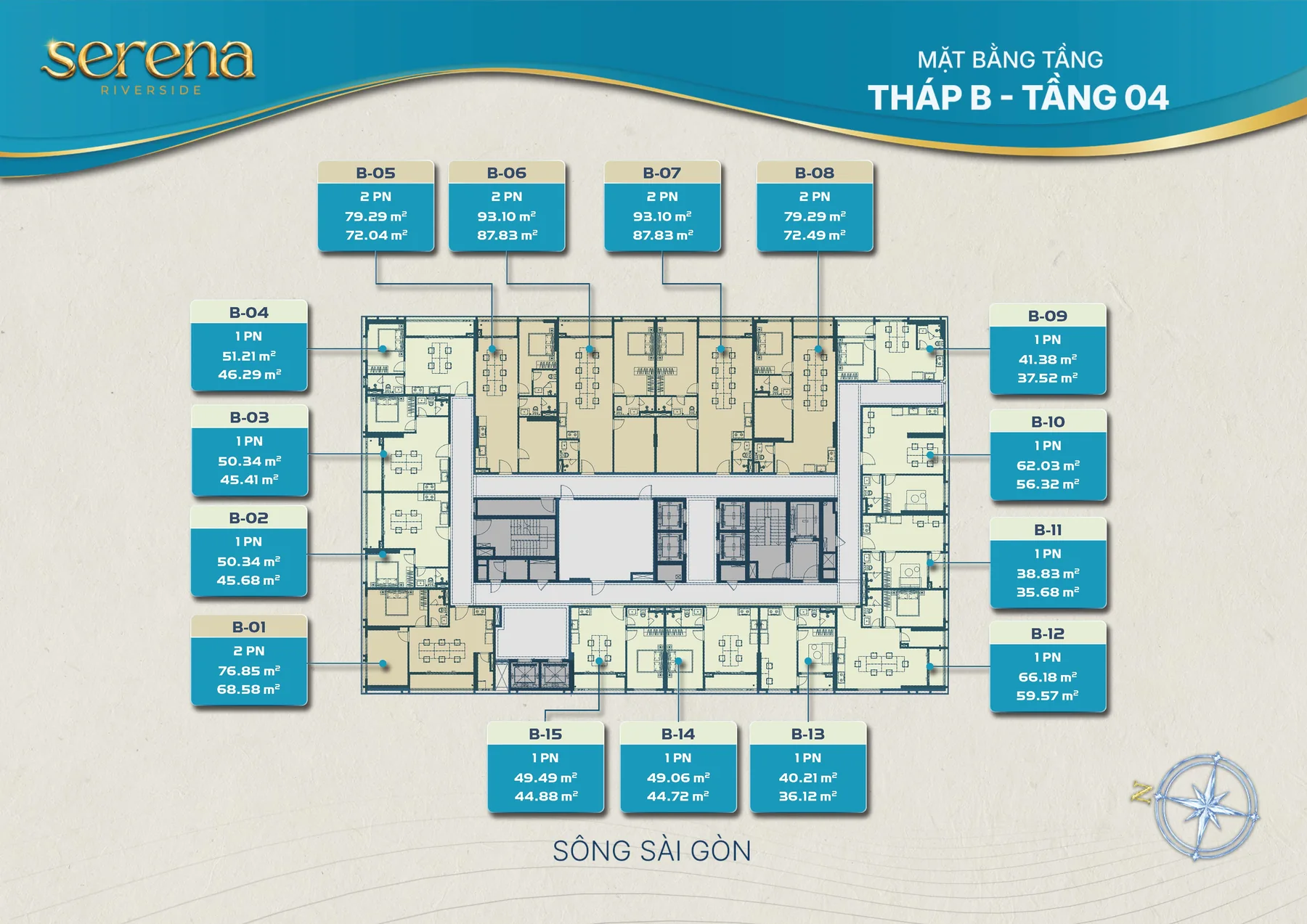 Mặt bằng tầng điển hình Serena Riverside Tháp B - Tầng 04