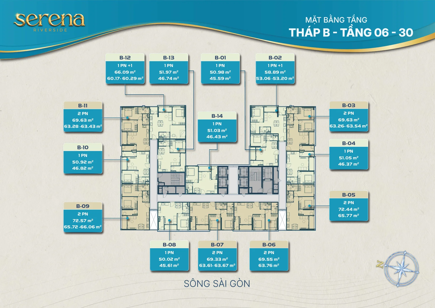 Mặt bằng tầng điển hình Serena Riverside Tháp B - Tầng 06-30
